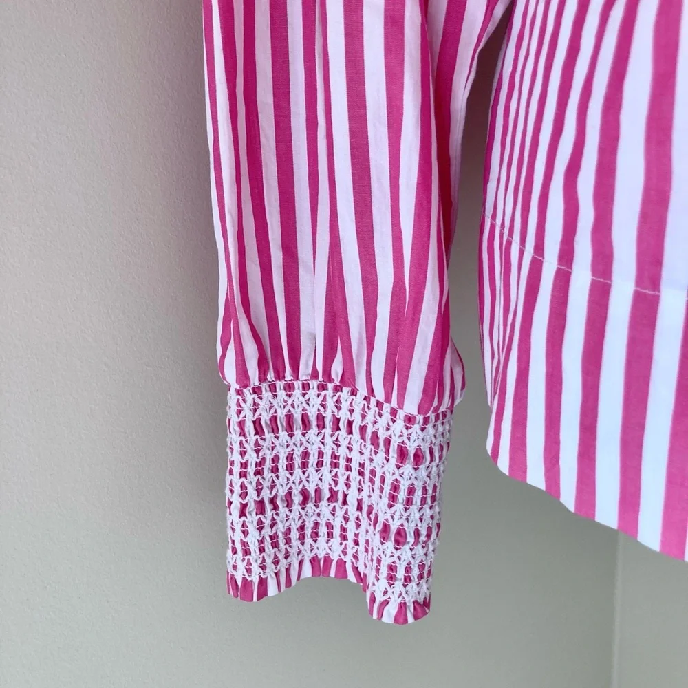 J Crew Smocked-cuff popover top in Pink and White stripe Size S